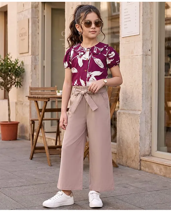 Woven Viscose Printed Half Sleeves Top & Culottes Set With Belt - Multicolour & Brown